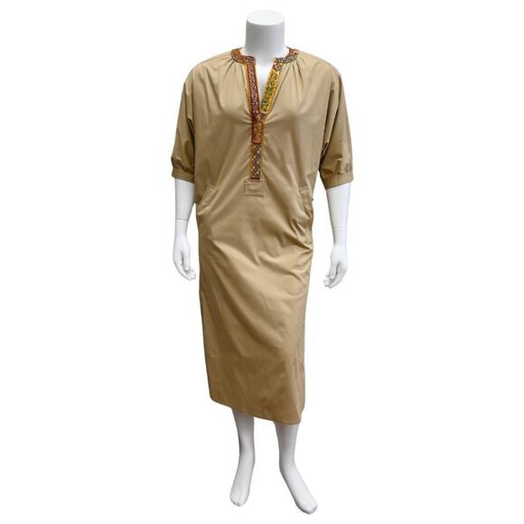 Etro Tunic Dress Size IT 42 US 8 Tan Embroidered Neck Midi Length Short Sleeve